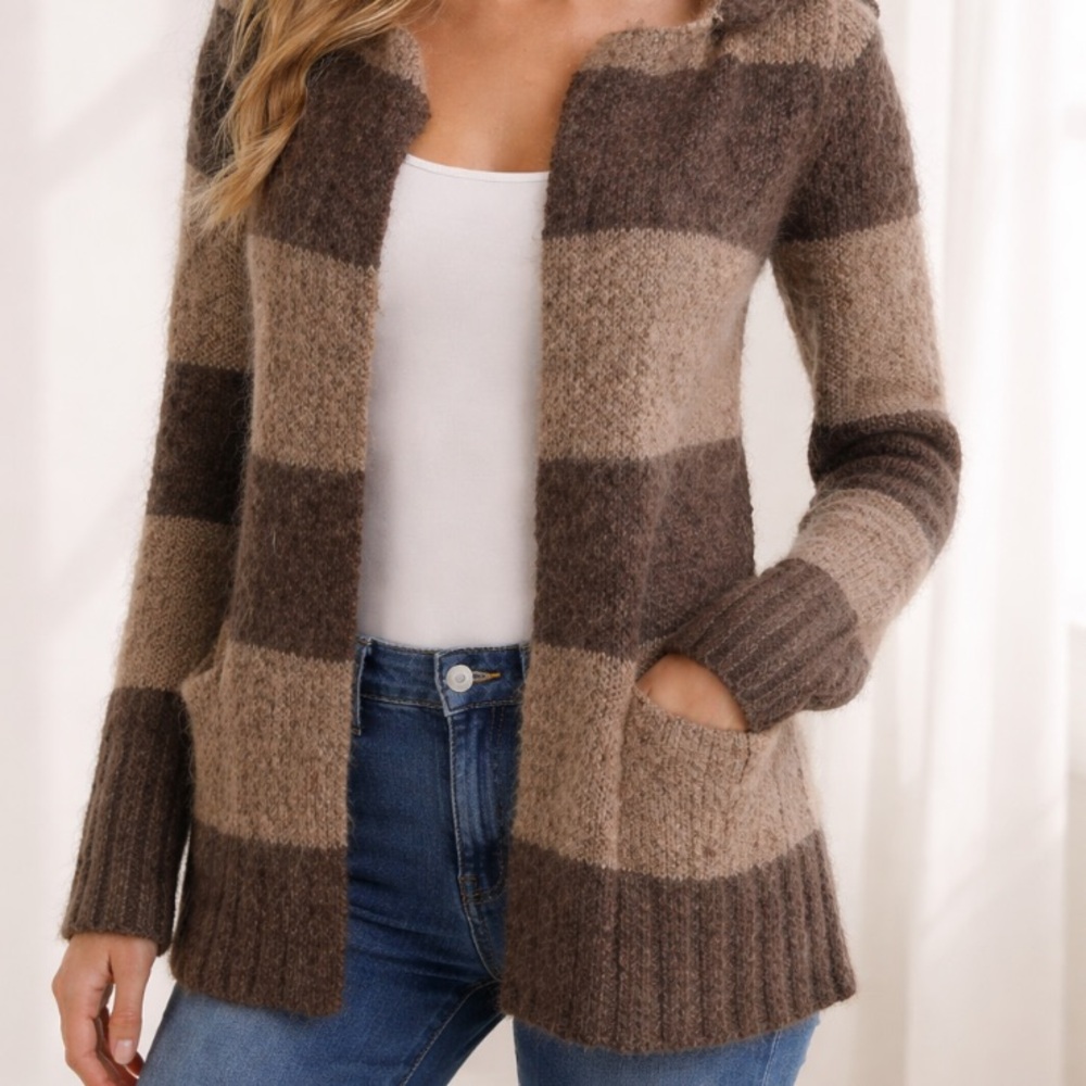 LOFT Mohair Brown Wide Stripe Open Cardigan Sweater XS - Picture 2 of 13